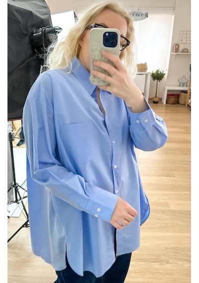 Modaonna Mavi Oversize Kalıp Poplin Gömlek Mavi