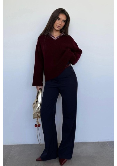 Madmext Bordo V Yaka Triko Kadın Kazak Mg2501 Bordo
