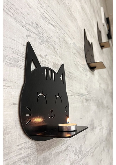 Dekoratif Kedi Duvar Rafı 3 Lü Set 20 Cm Duvar Mumluğu Siyah