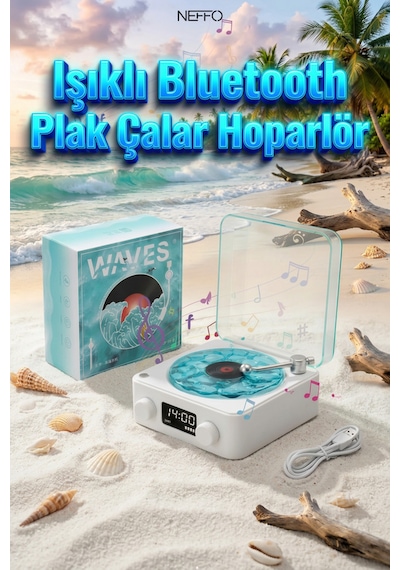 Waves Nostalji Plak Çalar Bluetooth Subwoofer 3d Ses Dalgası Retro Müzik Plak Çalar Mavi