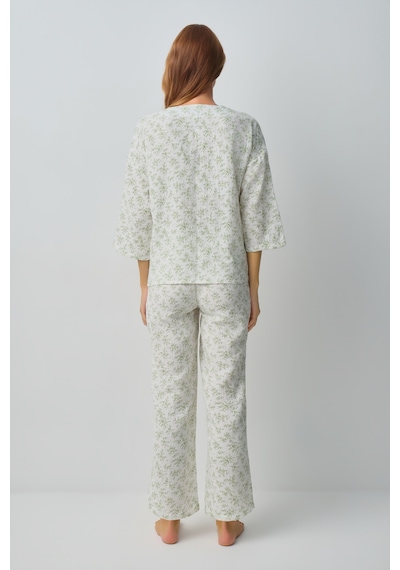 Suwen Cindy Pamuklu Hamile Lohusa Gömlek Yaka Pijama Takımı Wsh10510183338 Ekru Desenli