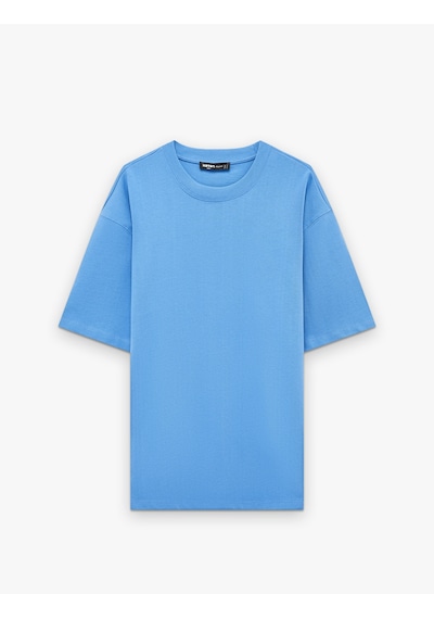 Koton Kısa Kollu Pamuklu Tok Kumaş Bisiklet Yaka Oversize Basic Tişört Mavi 6sam10385mk