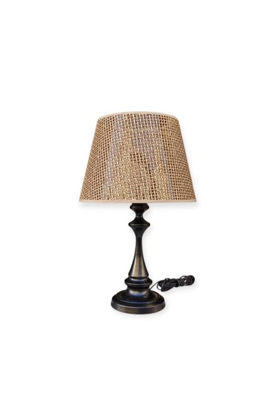 Faro Abajur Siyah Metal Gövdeli Rattan Kahverengi Şapkalı Koyu Siyah