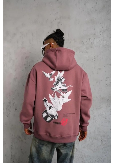 Veraura Lifestyle Erkek Şapkalı Güvercin Baskılı Kapşonlu Sweat - Gül Kurusu S Gülkurusu