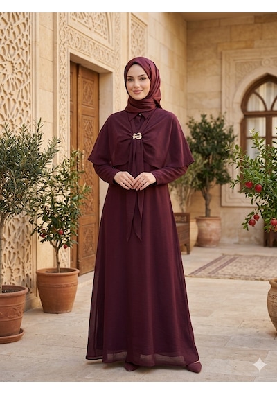 Sevitli Broş Detaylı Pelerinli Tesettür Elbise-mürdüm-5728