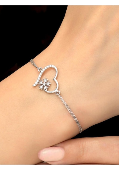 Brezza Lusso Jewelry 925 Ayar Gümüş Zirkon Taşlı Kar Tanesi Kalpli Kadın Gümüş Bilekli