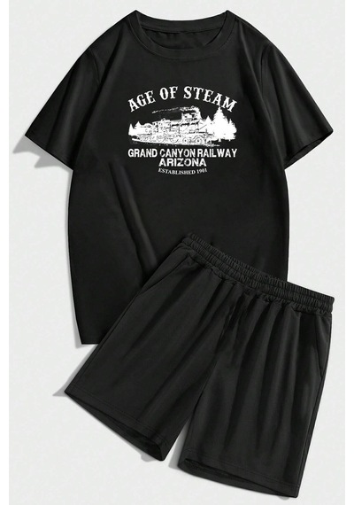 Uyguntarz Unisex Age Of Steam Baskılı Şort Takım Siyah