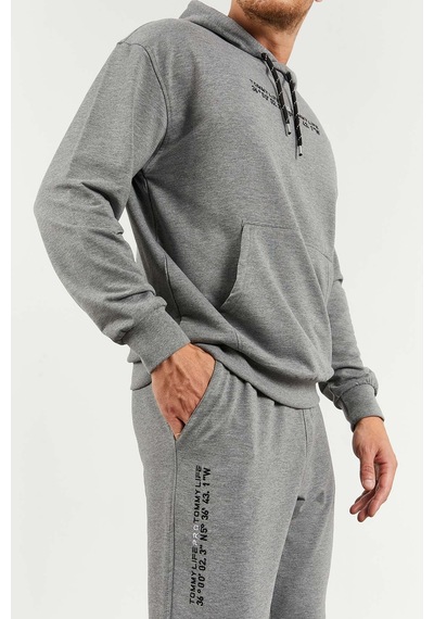 Tommy Life Gri Melanj Kapüşonlu Kanguru Cep Lastik Paça Erkek Oversize Eşofman Takımı - 85117 GRİ MELANJ