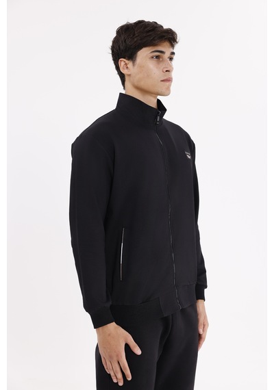 Rowinger Cepli Dik Yaka Tam Fermuarlı Göğüs Arma Detaylı Rahat Kalıp Mevsimlik Sweatshirt Black
