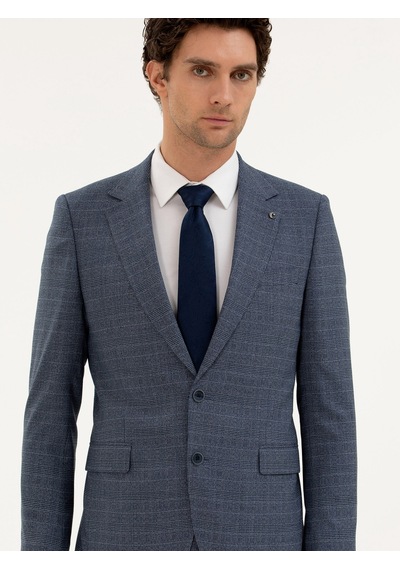 Cacharel Mavi Slim Fit Kareli Takım Elbise
