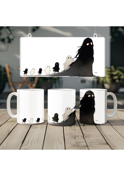 Hayaletli Aile Kupa Bardak Spooky Temalı Bardak - Cadılar Bayramı Ruhunu Yansıtan Hediye Beyaz