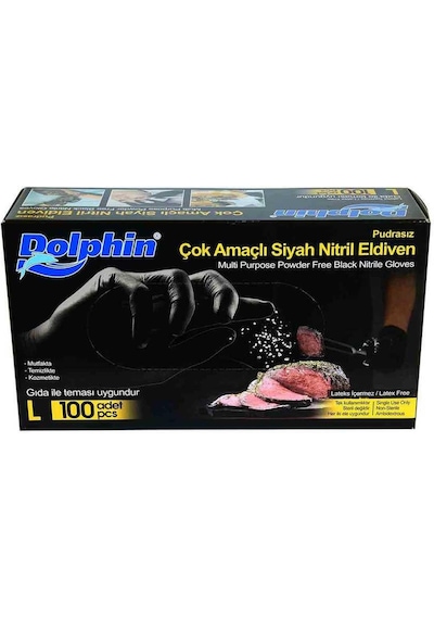 Dolphin Tek Kullanımlık Lateks Siyah Pudrasız Nitril Muayne Eldiveni Large - 100'lü 20 Paket