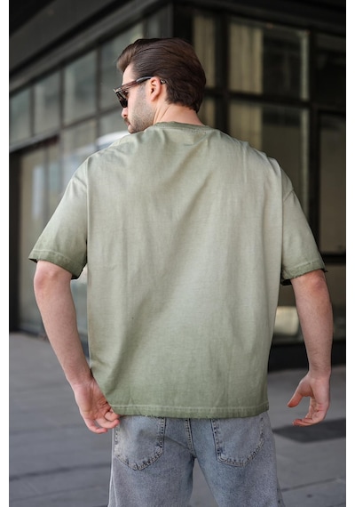 Madmext Haki %100 Pamuklu Bisiklet Yaka Oversize Erkek Tişört E7177 Haki
