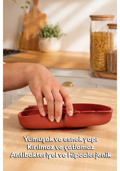Porsima Mys34005-1 Silikon 3 Bölmeli Kaymaz Bebek Mama Tabağı Kiremit 14 21cm