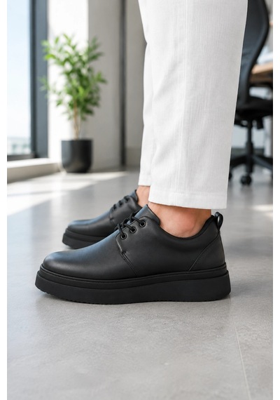 Mevese Ornex Erkek Deri Görünümlü Bağcıklı Casual Sneaker Klasik Günlük Ayakkabı - Siyah