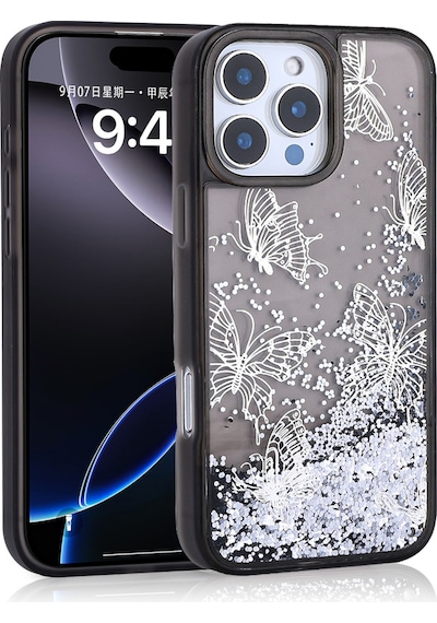 Apple Uyumlu iPhone 14 Pro Max Kılıf Sıvılı Simli Kelebek Tasarım Şeffaf Liquid Glittery Silikon Kapak Siyah