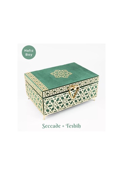 Desenli Kutu Çeyizlik, Seccade + Tesbih + Kuran Hediye Seti Hafız Boy, Kadife, Yeşil, Elif-vav Yeşil