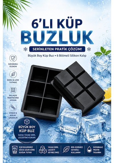 2 Adet 6 Lı Büyük Boy Kare Silikon Buz Kalıbı Mıt1343 Gri - Siyah