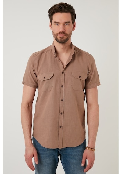 Buratti Düğmeli Yaka Pamuklu Slim Fit Cepli Erkek Gömlek Cf21S111153 Toprak