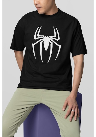 Spider-man Logo Baskılı Tişört, Oversize Marvel Tişört Siyah