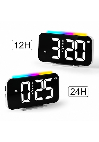 12h/24h Dijital Led Saat, Üç Ses Seviyesi, Çift Alarm, Rgb 10 Gece Lambası, 5 Parlaklık Seviyesi Siyah