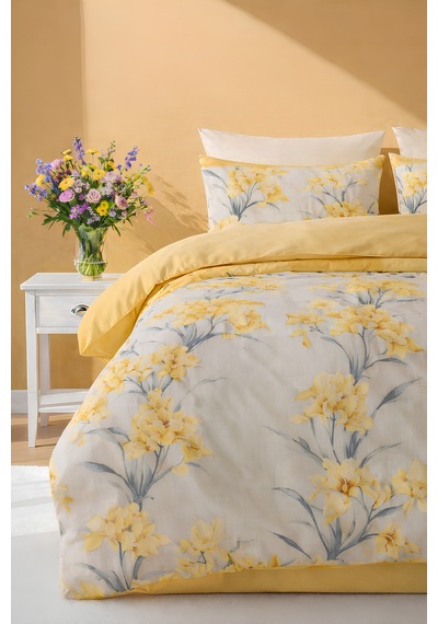 Sarı Çiçek Desenli Çift Kişilik Nevresim Takımı Modern Floral Seri Çok Renkli
