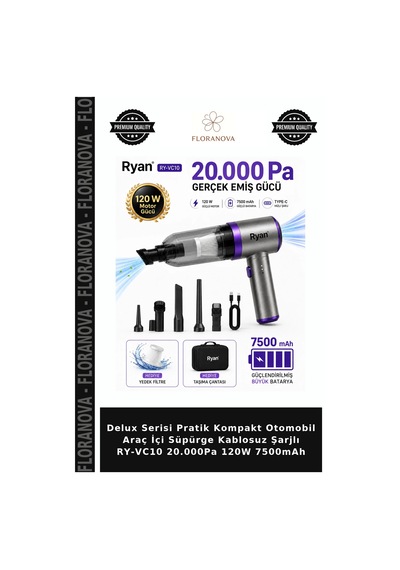 Delux Serisi Pratik Kompakt Otomobil Araç İçi Süpürge Kablosuz Şarjlı Ry-vc10 20.000pa 120w 7500mah