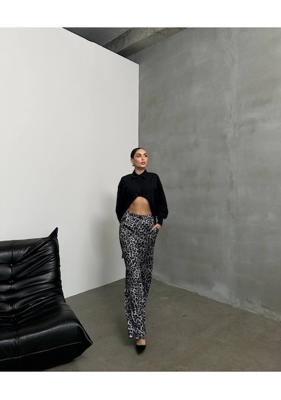 Premium Leopar Desenli Palazzo Pantolon Yüksek Bel, Oversize Siyah