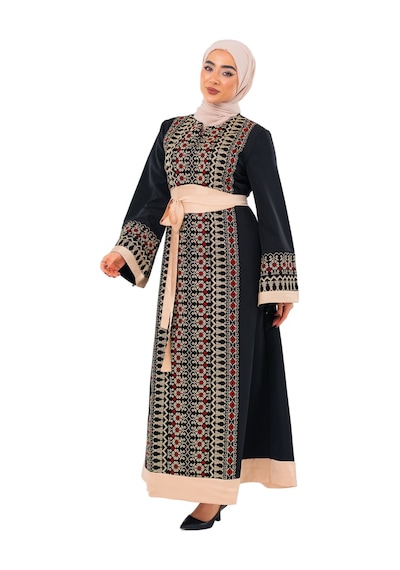 Zaytoon Uzun Kollu Tek Taraflı Nakışlı Kırmızı Kemerli Filistin Elbise C100057 Gold