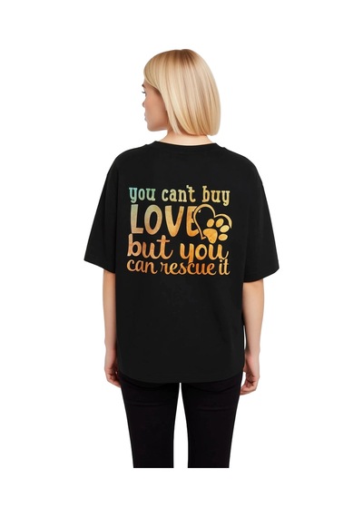 Paybuy Kadın Oversize Tişört Hayvan Kurtarma Temalı Baskılı Rahat Kesim Siyah