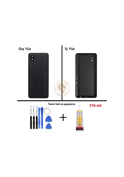Samsung Galaxy A01 Core Siyah Uyumlu Lensli Arka Kapak + Yapıştırıcı Ve Vida Seti Arka Cam Pil Kapağı Batarya Kapağı Lazer Kesim