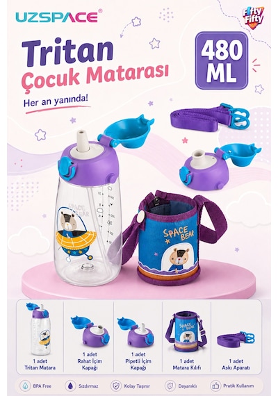 480 Ml Kılıflı 2 Ayrı Kapaklı Pipetli / Pipetsiz Tritan Çocuk Su Matarası Mavi - Mor