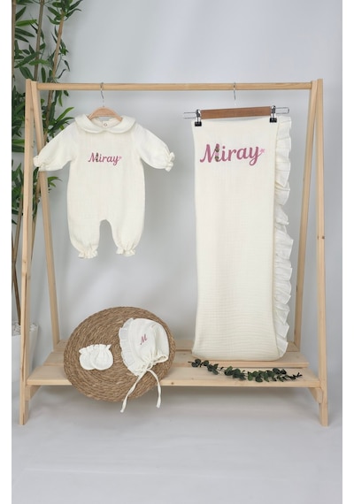 Gros Shop Müslin Yeni Doğan 4katlı Organik %100pamuk Kişiye Özgü Nakışlı Hastane Çıkış Seti Papatya Model-12 Ekru-3