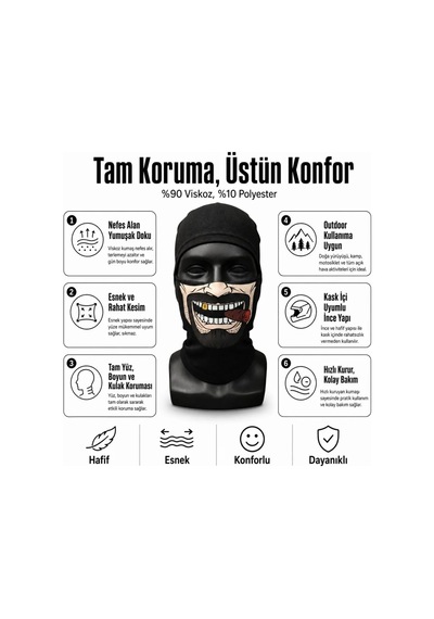 Ulupazarlama Unisex Bıyık Puro Baskılı Balaklava 1 Adet Tek Beden Viskoz Kask İçi Motosiklet Maskesi Siyah
