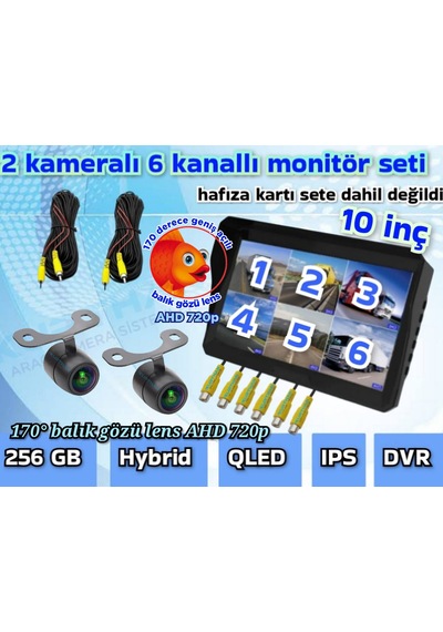 2 Adet Ledsiz Ahd 720p Balık Gözü Kelebek Kamera 6 Kanallı Qled 10'' Dvr Monitör 12 V 256 Gb