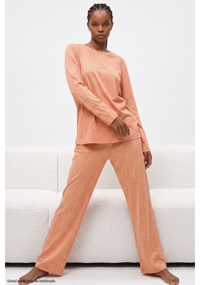 Siyah İnci Leopar Baskılı Örme Pijama Takım 8078 Somon Leopar