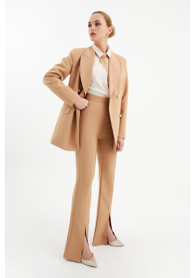 Sateen Yırtmaç Detaylı İspanyol Pantolon - Camel