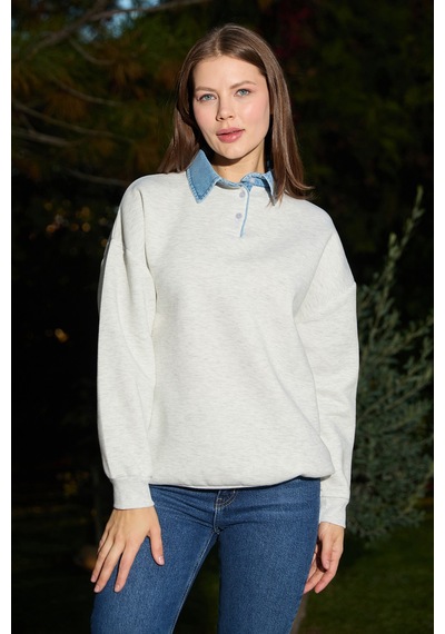 Fullamoda 3 İplik Kot Garnili Gömlek Yaka Oversize Sweatshirt Gri