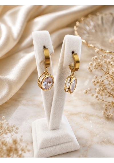 Cm Jewelry Oval Zirkon Taşlı Sallantılı Gold Çelik Küpe Altın