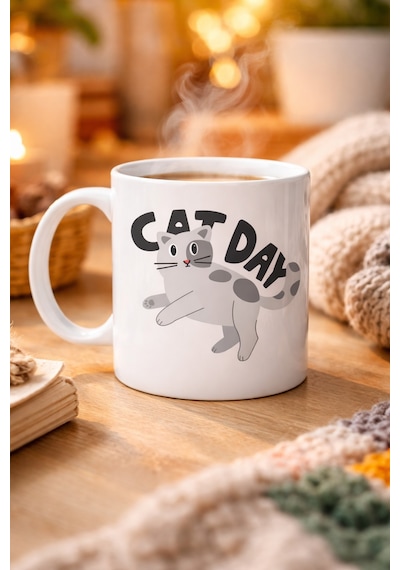 Cat Day Kedi Desenli Porselen Kupa Model 67 Sevimli Kedi Figürlü, Günlük Kullanıma Uygun, Kahve & Çay Kupası Diğer