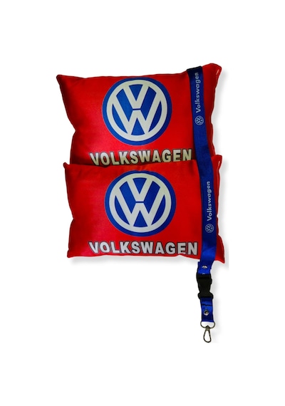 Volkswagen Dijital Baskılı Kırmızı Araç Boyun Yastık 2'li Set Volkswagen Mavi Oto Ayna Askısı Kırmızı