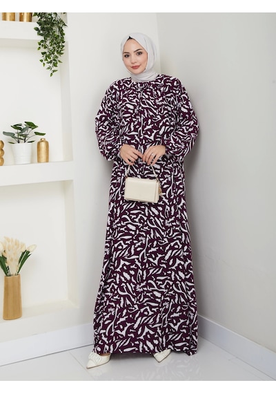 Nevayla Moda Desenli Önü Büzgülü Viskon Elbise - Mor / E0131 Mor
