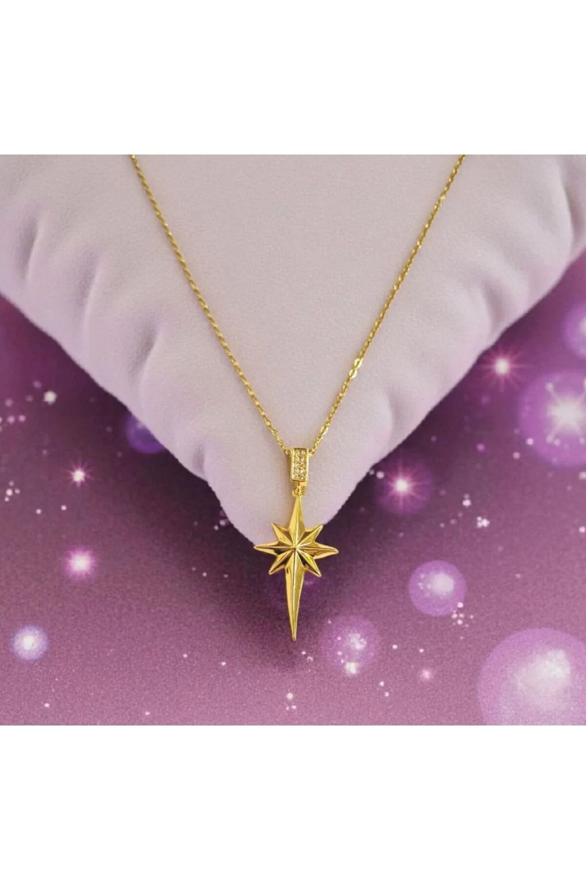 Unisex Zirkon Taşlı Kutup Yıldızı Çelik Kolye 9118 Altın
