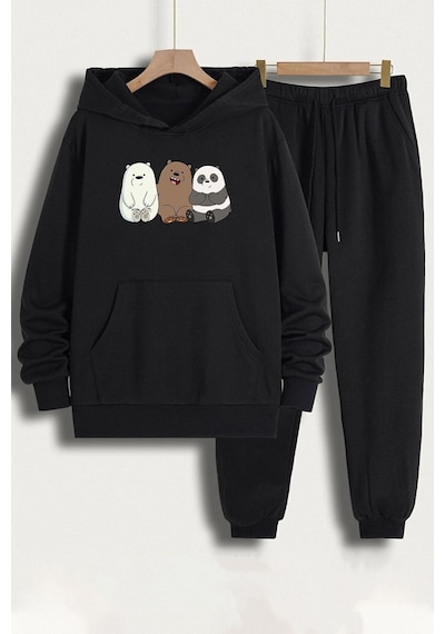 Uyguntarz Unisex Kafadar Ayılar Baskılı Eşofman Takımı Siyah
