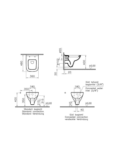 VitrA S20 Kanallı Beyaz Asma Klozet 5505l003-0868, VitrA Gömme Rezervuar Set 768-1851 Beyaz