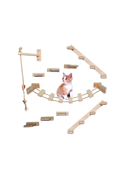 10 Parça Doğal Ahşap Duvar Kedi Oyun Merdiveni Seti Köprü SET1