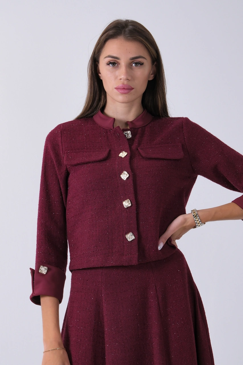 Feminist Bordo Önü Düğme Kapamalı Crop Ceket Etekli Tüvid Takım 45950601.04 Bordo