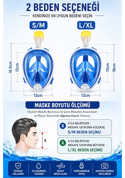 Tam Yüz Şnorkel Maskesi Dalış Maskesi Kadınlar Çocuklar İçin Kulak Tıkacı Hedıye S/m Mavi