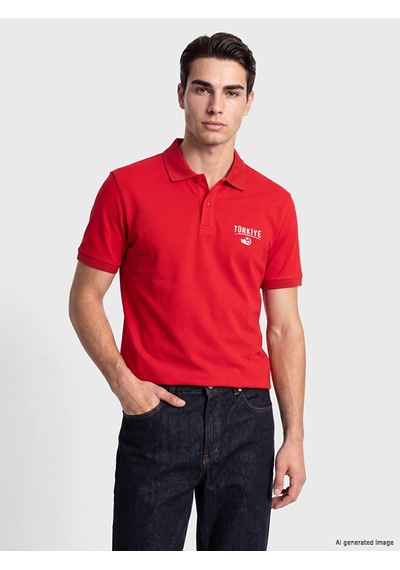 Lcwaıkıkı Classic Kırmızı Polo Yaka Türkiye Baskılı Erkek Tişört