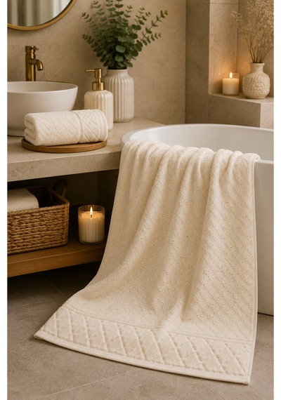 Kristal 2 Li Banyo Havlu Seti 50 90 Baş Havlusu + 90 150 Banyo Havlusu - Ekru